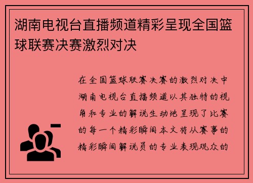 湖南电视台直播频道精彩呈现全国篮球联赛决赛激烈对决
