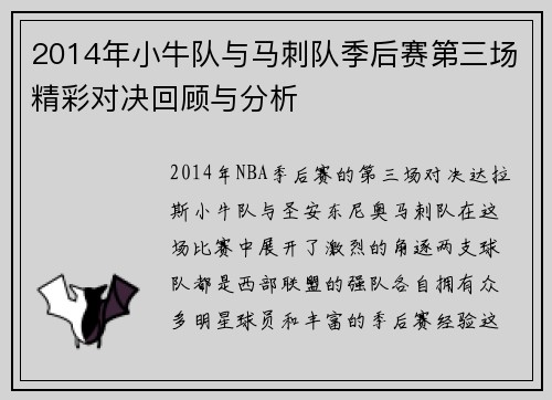 2014年小牛队与马刺队季后赛第三场精彩对决回顾与分析