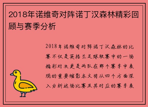 2018年诺维奇对阵诺丁汉森林精彩回顾与赛季分析
